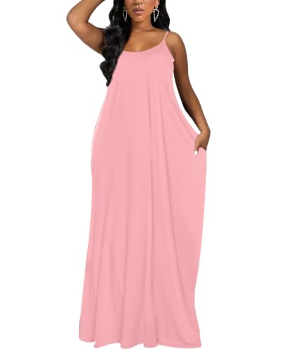 OFEEFAN Women's Maxi Dresses Summer Spaghetti Strap Dress with Pockets - color: Ab- Pink, size: Medium