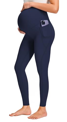 JOYSPELS Smooth Feeling Maternity Workout Leggings with Pockets Pregnancy Pants Over The Belly - color: Navy, size: X-Large