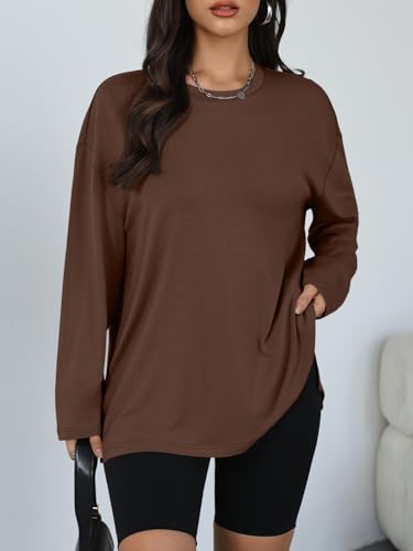 Trendy Queen Womens Oversized Side Slit Long Sleeve Shirts Fall Tops - color: Brown, size: Small