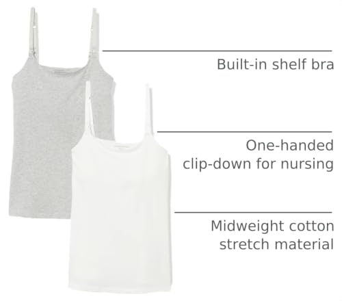 Amazon Essentials Women's Maternity Nursing Camisole with Adjustable Straps and Built-in Shelf Bra, Pack of 2 - color: 2-pack Light Heather Grey/White, size: Medium