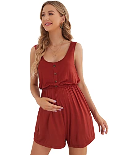 Verdusa Women's Maternity Romper Lightweight Button Jumpsuit Shorts - color: Rust Brown, size: X-Small