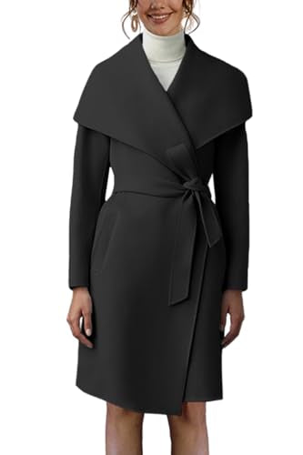 Cicy Bell Women's Pea Trench Coat Lapel Collar Long Jacket Open Front Belted Overcoat with Pockets - color: Black, size: Medium