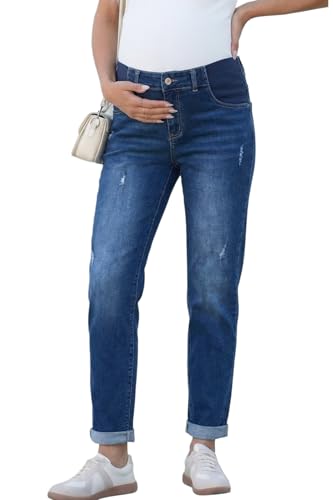 BLENCOT Maternity Jeans High Rise Stretchy Waistband Straight Leg - color: Navy Blue, size: Large