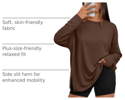 Trendy Queen Womens Oversized Side Slit Long Sleeve Shirts Fall Tops - color: Brown, size: Large