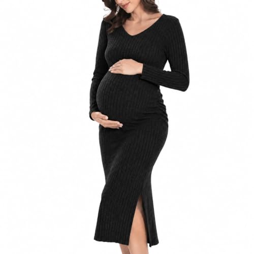 LAHILO Long Sleeve Maternity Sweater Dress for Fall Winter Baby Shower - color: Black, size: Large