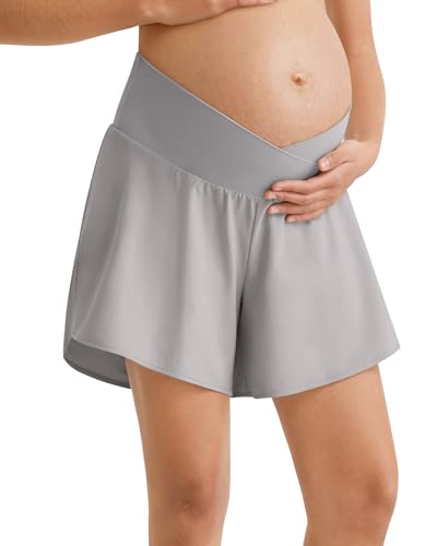 G4Free Chillwhisp Maternity Athletic Shorts Cross Waist Pregnancy Shorts - color: Chime Gray, size: Small