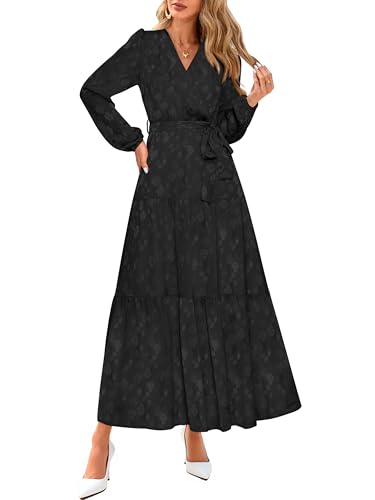 PRETTYGARDEN Womens Long Sleeve Boho Floral Wrap Maxi Dress - color: Black, size: Medium