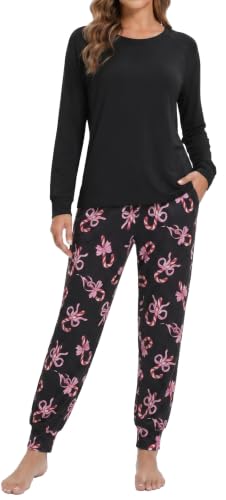 LUBOT 2026 Womens Pajamas Sets Bamboo Viscose Soft Breathable 2 Piece Pjs Long Sleeve Pants Jogging Loungewear Sleepwear - color: Black Print Bow Candy, size: X-Large