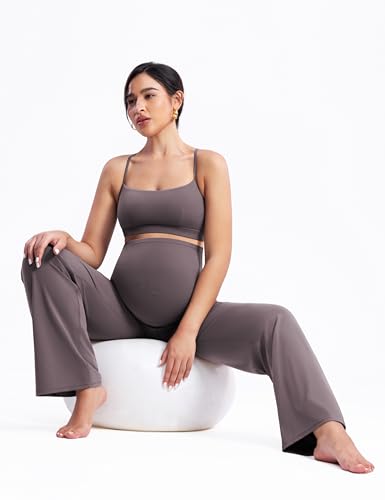 POSHDIVAH Creamluxe Maternity Wide Leg Pants Pregnancy Work Trousers - color: Taupe, size: Medium