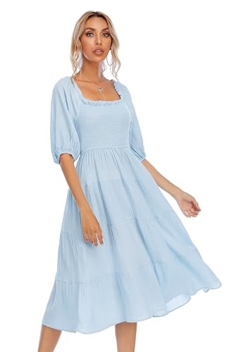 R.Vivimos Women's Cotton Off-Shoulder A-Line Midi Dresses - color: Skyblue, size: Large