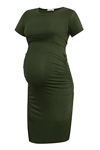 Smallshow Women's Short Sleeve Maternity Dress Ruched Pregnancy Clothes - color: Army Green, size: Medium