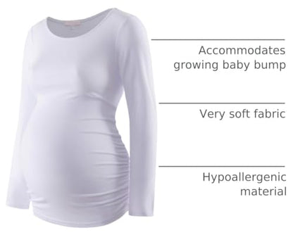 Maternity Shirt Long Sleeve Basic Top Ruch Sides Bodycon Tshirt for Pregnant Women - color: White, size: Medium