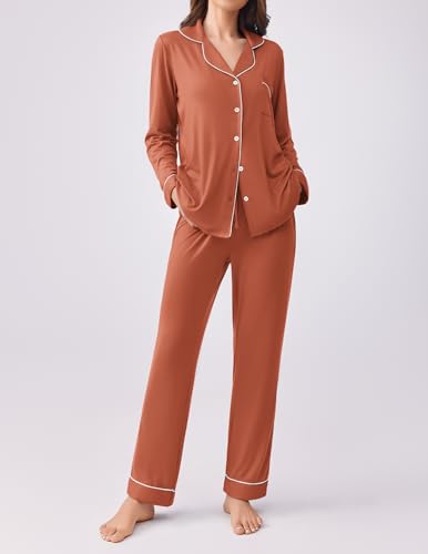Ekouaer Womens Pajamas Set Button Down Long Sleeve Top & Pants Lounge Sets - color: Caremel, size: X-Large