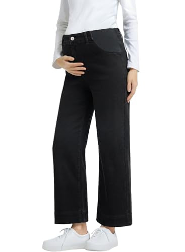 BLENCOT Women's Maternity Jeans High Waisted Wide Leg Pregnancy Pants - color: Color Black, size: Small