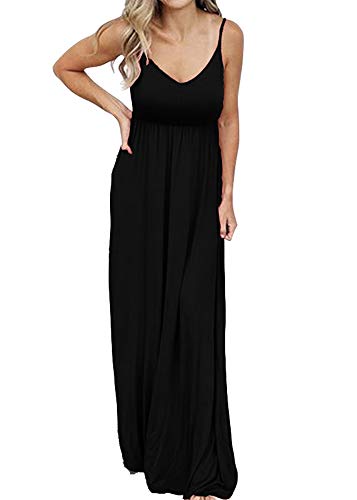 PRIMODA Women's Summer Casual Sleeveless V Neck Adjustable Spaghetti Strap Maxi Long Dress - color: Black, size: XX-Large