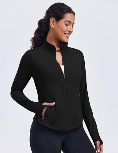 PINSPARK Women's Cropped Workout Jacket Lightweight Full Zip Running Jacket - color: Black, size: Medium