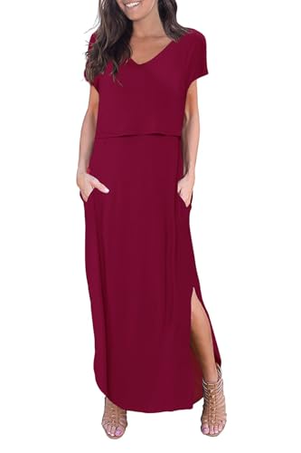 Smallshow Women's Maternity Nursing Dresses Split Long Dress for Breastfeeding - color: Burgundy, size: Medium