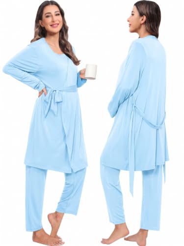 SWOMOG Maternity Nursing Robe Set 3 PCS Women Postpartum Pajamas Breastfeeding Labor Delivery Hospital Pregnancy Pjs - color: Baby Blue, size: Medium