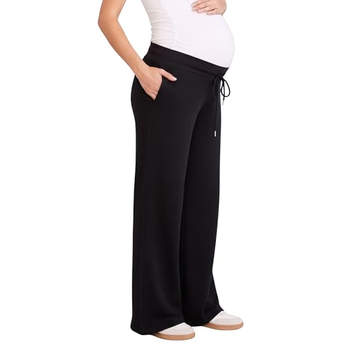 Motherhood Maternity Women's Under The Belly Wide Leg Pregnancy Lounge Sweatpants with Drawstring - color: Black, size: Medium