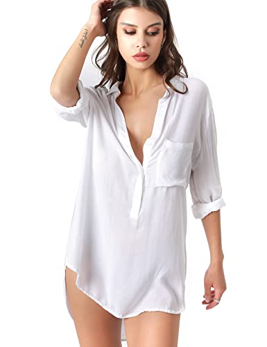 TOUSYEA Soft Women's Sleepshirt Oversized Button Down Swimsuit Cover Ups - color: C White, size: Large