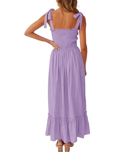 Tobrief Women's Boho Dress Summer Spaghetti Strap Square Neck Flowy Ruffle Beach Long Maxi Dress - color: Purple, size: Large