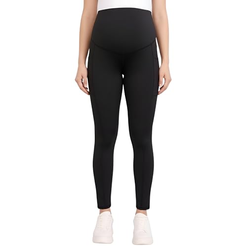 Motherhood Maternity Women's Over the Belly Workout Activewear Pregnancy Leggings with Pockets - color: Black, size: X-Small