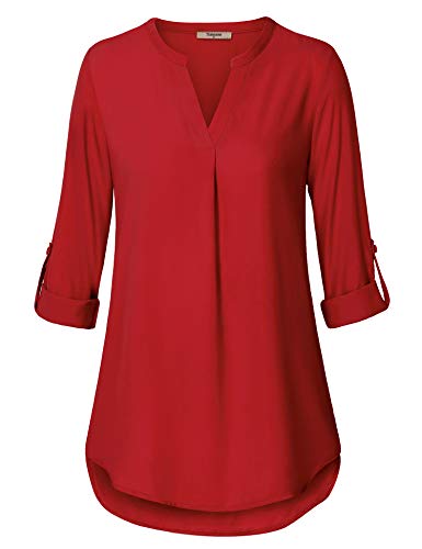 Timeson Women's Casual Chiffon V Neck 3/4 Sleeve Blouse Tops - color: Red, size: Medium