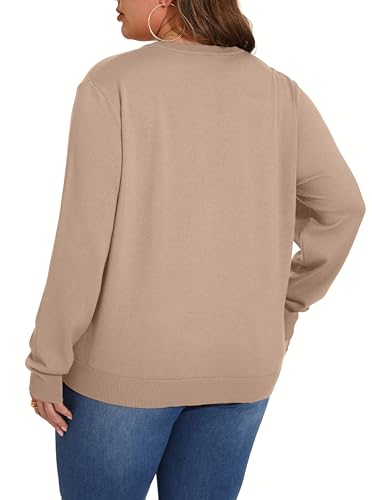 OLRIK Plus Size Long Sleeve Crewneck Cardigan Classic Fall Knit - color: Khaki, size: 2X