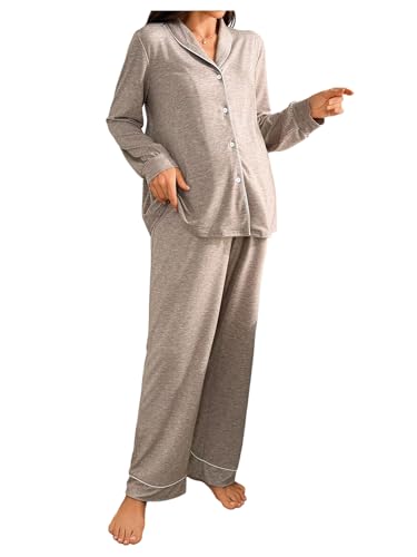 MakeMeChic Women's Maternity 2 Piece Pajama Set Button Down Long Sleeve Tops and Pants Sleepwear - size: Large