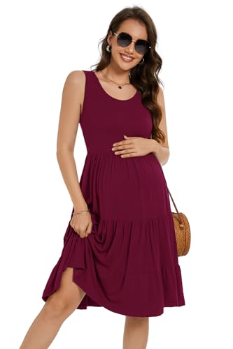 Smallshow Women's Sleeveless Ruffle Tank Maternity Dress - color: Maroon, size: Large