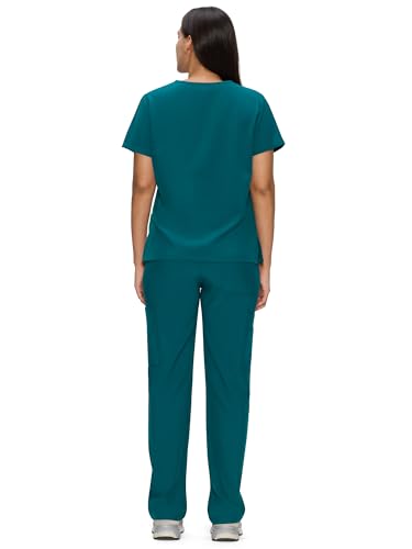 Scrubs for Women Set, V-Neck Top & Straight Leg Pants with 11 Pockets - color: Caribbean Blue, size: Large