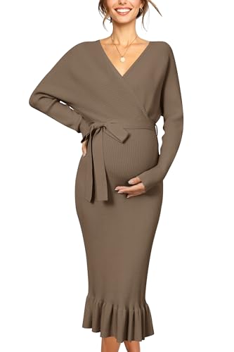 OUGES 2025 Maternity Sweater Nursing Dress for Photoshoot Baby Shower Wedding Guest Outfits Fishtail Ribbed Knit Clothes - color: Smoky Grey, size: Medium