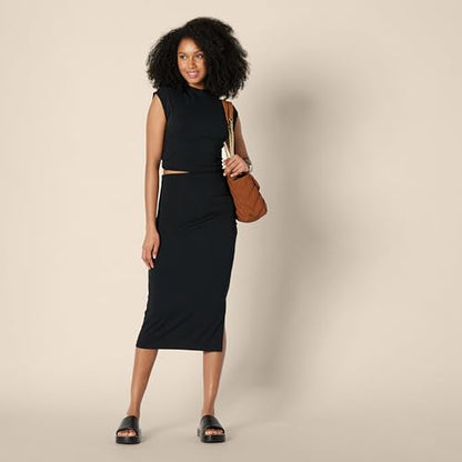 Amazon Essentials Women's Slim-Fit Ruched Matte Jersey Midi Skirt with Side Slit (Top Sold Separately) - color: Black, size: Medium