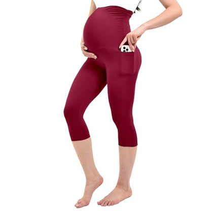 Ipletix Maternity Capris Leggings with Pockets Pregnancy Yoga Pants - color: Burgundy, size: Medium