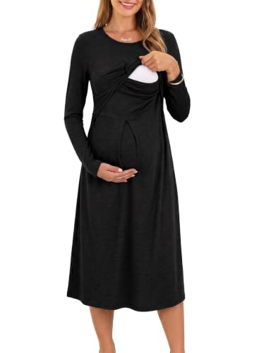 BLENCOT Maternity Nursing Midi Dress Twist Knot Pull Up Feed Postpartum - color: Black, size: Large