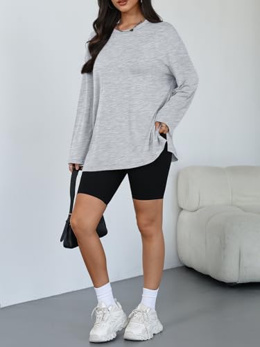 Trendy Queen Womens Oversized Side Slit Long Sleeve Shirts Fall Tops - color: Grey, size: Small