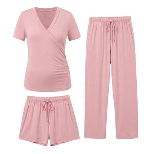 PATPAT 3-Piece Maternity Nursing Pajamas, Womens Lounge Set with Pockets - color: Light Pink, size: Medium