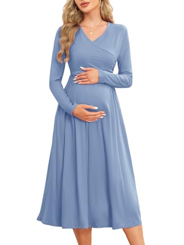 AISWI Women's 2024 Fall Patchwork Maternity Nursing Dress with Pockets Long Sleeve V Neck Clothes Midi Pregnancy Dresses - color: Solid, Blue Grey, size: X-Large