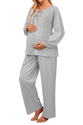 OUGES Womens Cotton Blend Maternity Pajama Sets Tie Front Loungewear Pregnancy Sleepwear Top & Long Pants with Pockets - color: Grey, size: Large