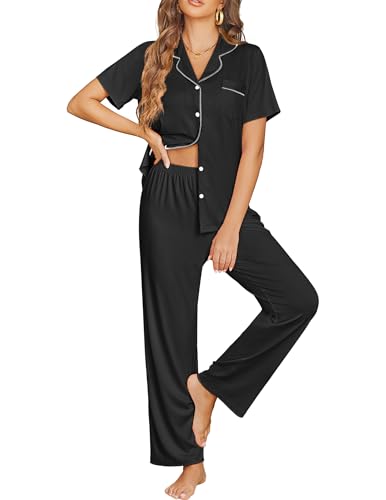 Ekouaer Womens Pajama Sets Button Down Lounge Sets 2 Piece Short Sleeve Pjs - color: Black, size: Small