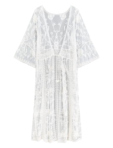 Romanstii Women's Lace Cardigan Floral Crochet Sheer Beach Cover Ups Long Kimono - color: D-white