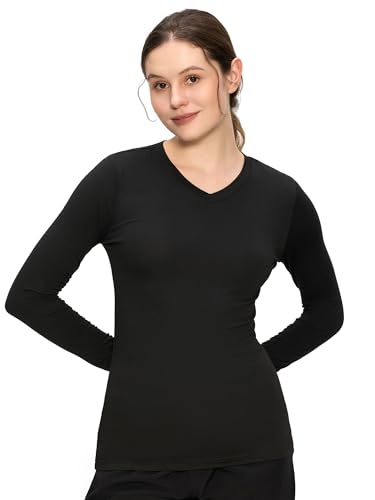 COZYFIT Women’s Underscrub Tee, V-Neck Long Sleeve Undershirt - color: Black, size: Large