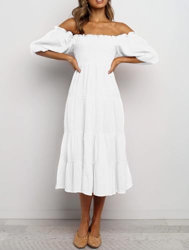 R.Vivimos Women's Cotton Off-Shoulder A-Line Midi Dresses - color: White, size: Large
