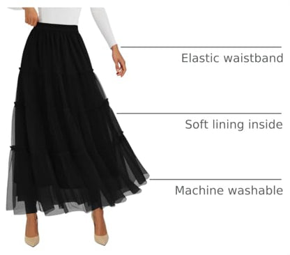 PRETTYGARDEN Women's Fall Soft Tulle Tiered Long Skirt - color: Black, size: Small