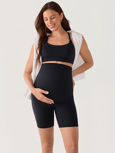 MOMANDA No Front Seam Maternity Biker Shorts 6" - color: Black, size: Large