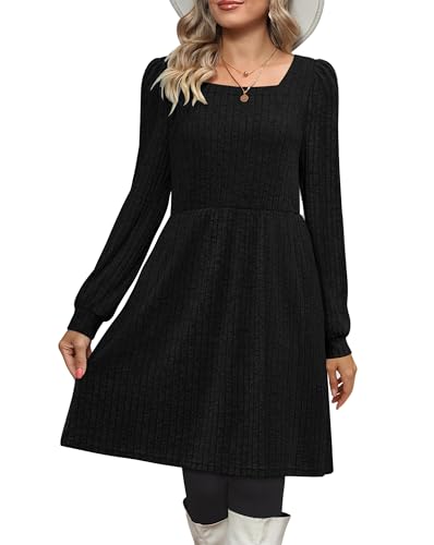 CzzzyL Womens Nursing Fall Dresses Square Neck Knit Sweater with Pockets - color: Black, size: Small
