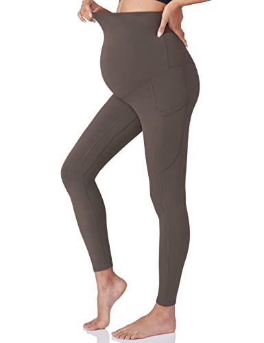 POSHDIVAH Maternity Workout Leggings Pregnancy Yoga Pants Pockets - color: Brown, size: Small
