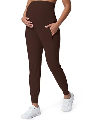 Mama Land Maternity Joggers Over Belly Pants with Zipper Pockets - color: Toasted Brown, size: Medium
