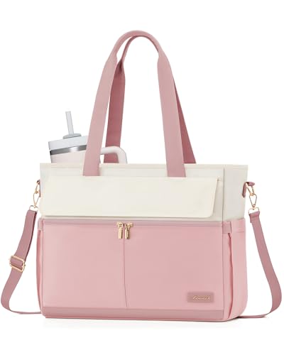 LOVEVOOK Laptop Bag for Women 15.6 Inch Canvas Laptop Large Capacity Work Bags Mutiple Pockets Teacher Bag Water Resistant Computer Bags for Business Travel Nurse, Pink Beige - color: Pink&beige, size: 15.6 Inch