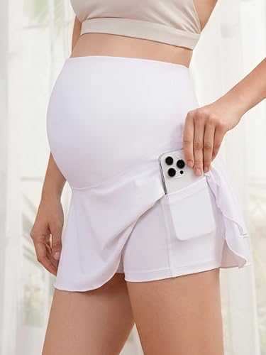 Ecavus Maternity Tennis Skirt, High Waisted Athletic Skirt with Pockets - color: White, size: Large